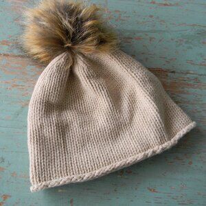 GELSO BIANCO Beanie Pom Pom 95 Cashmere 5 Wool BEIGE Knit Rolled Edge Italy